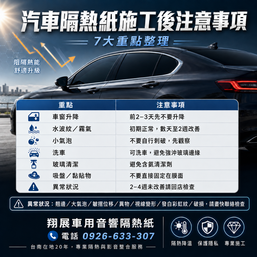 安定汽車隔熱紙 施工後注意事項